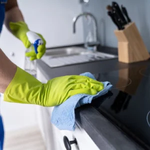 A maid is cleaning the kitchen countertop.