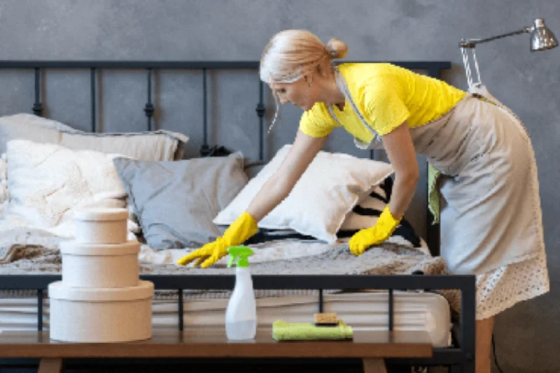 A maid is making up the bed.