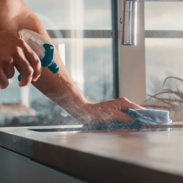 A maid is cleaning a kitchen sink.