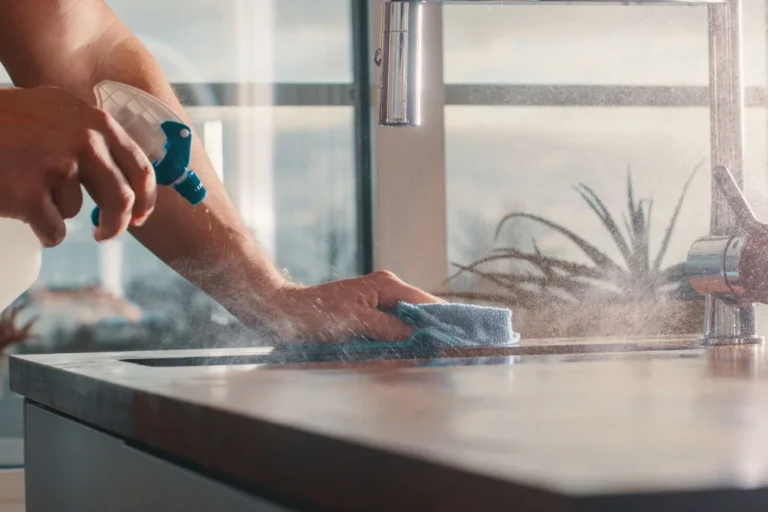 A maid is cleaning the sink.