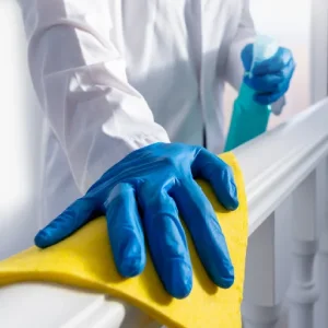 A maid is wiping the banister.