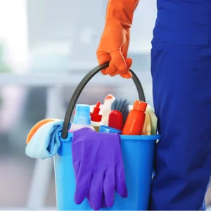 A maid is carring a bucket full of cleaning supplies.