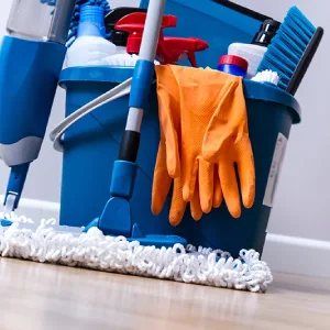 A bucket full of cleaning supplies.